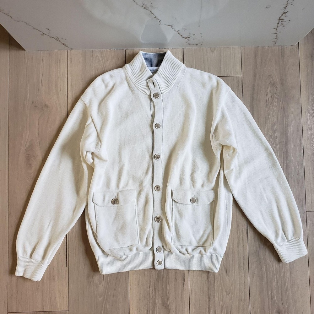 Maus & Hoffman Cardigan Sweater Mens M White Cotton Knit Mock Neck Pockets Italy